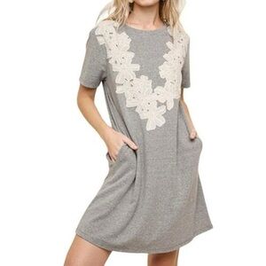 Umgee Gray Mini Dress with Cream Floral Accents